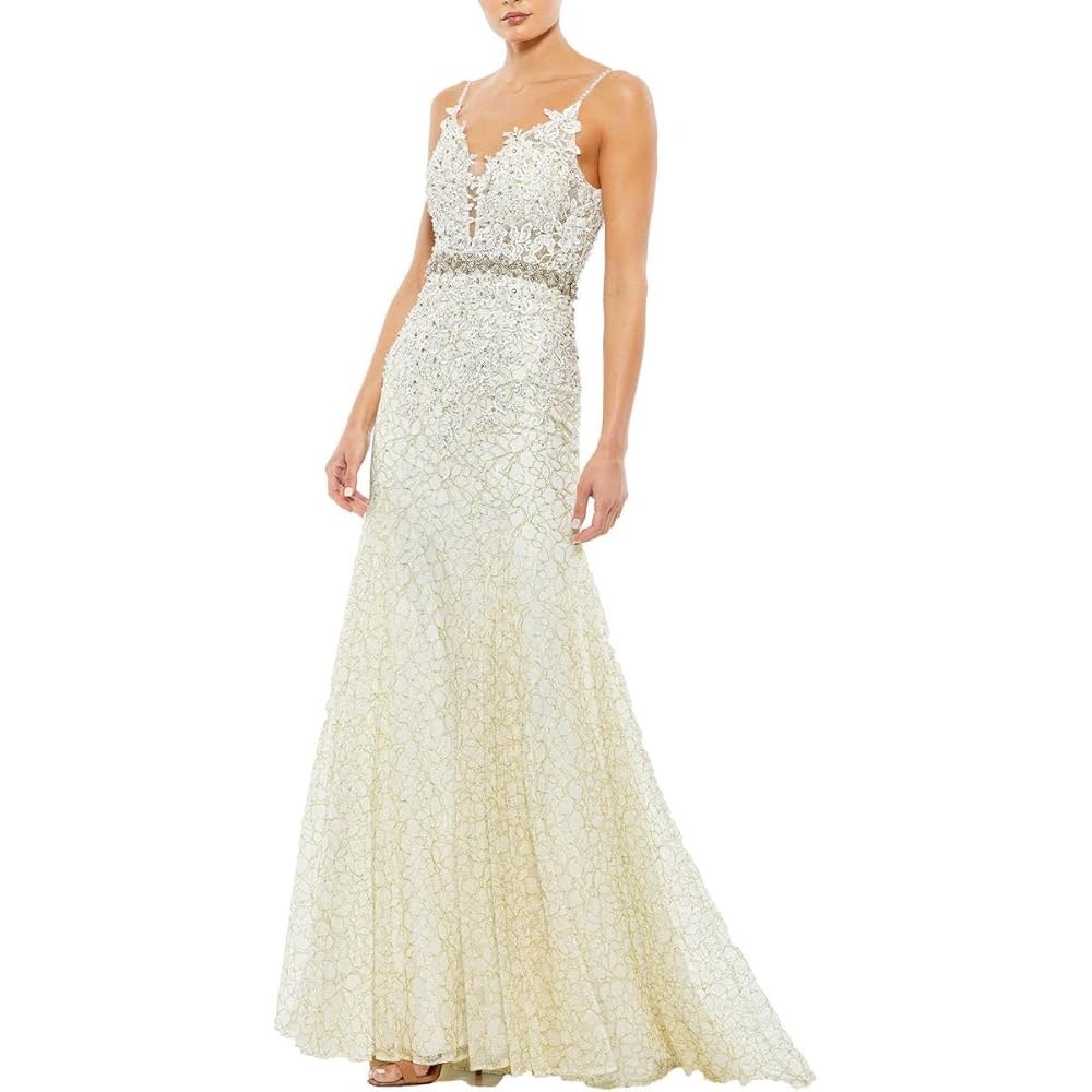 Mac Duggal Size 0 Delicate Floral Lace Long Evening Gown Ivory Prom Princesscore